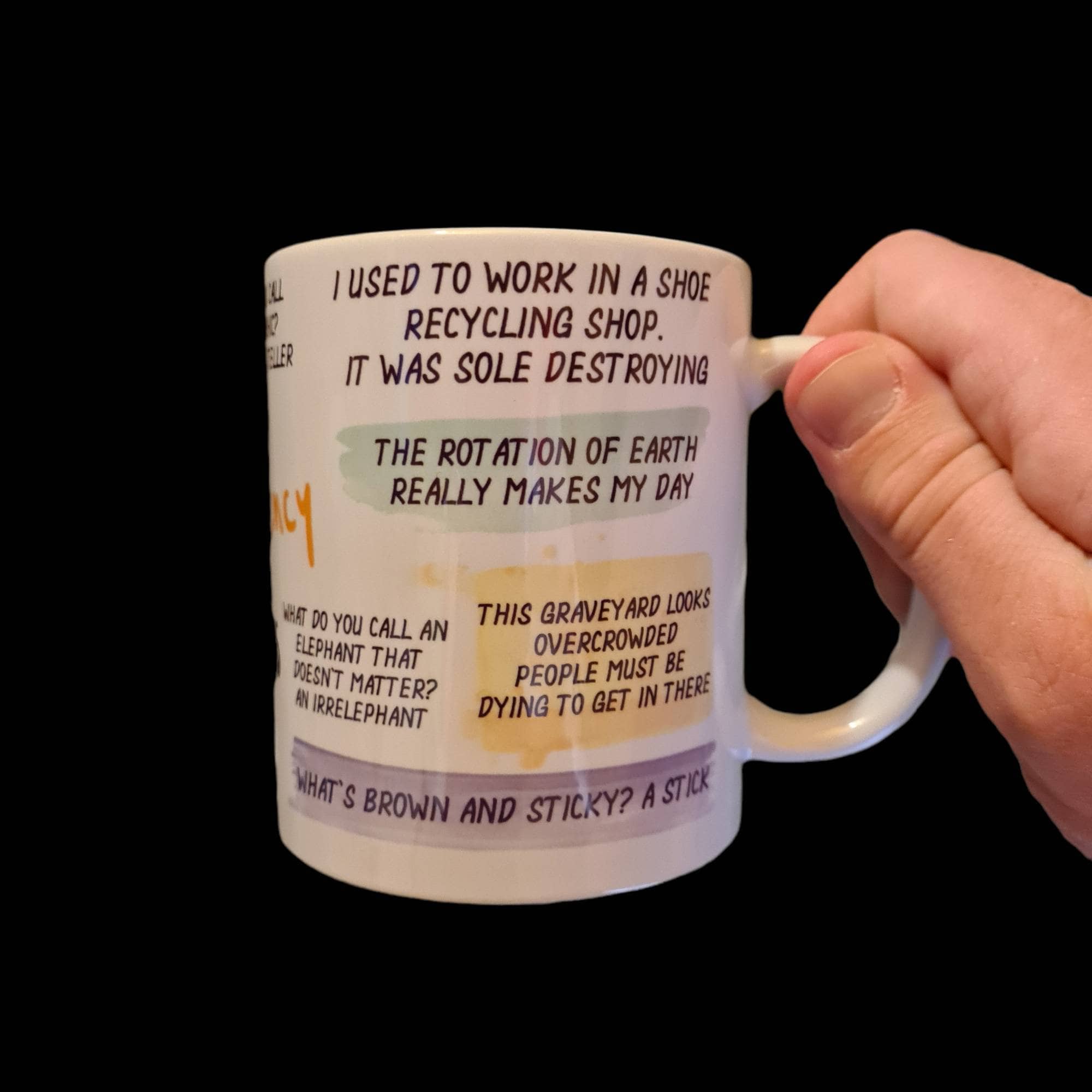 jokes on the left hand side of the mug